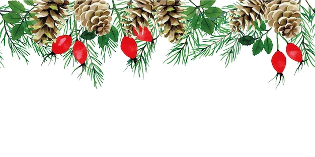 disegno ad acquerello cornice bordo senza soluzione di continuità con piante di Natale rami di abete coni di abeti