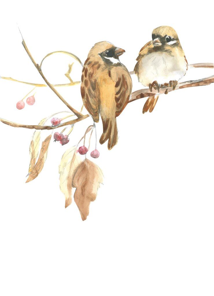 Vettore disegno ad acquerello di due uccelli invernali passeri su un ramo