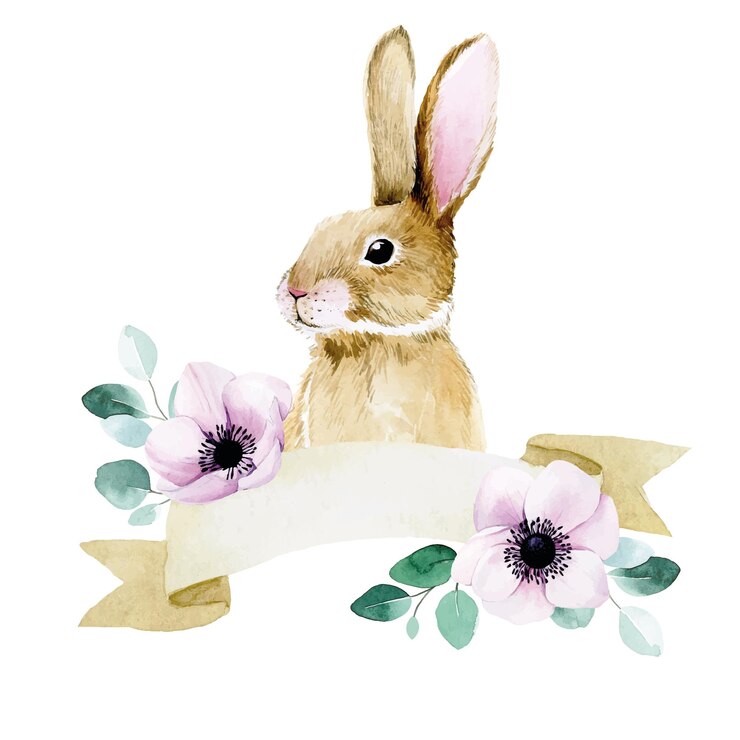 disegno ad acquerello simpatico coniglietto pasquale con decorazione floreale per biglietto di auguri Coniglietto pasquale