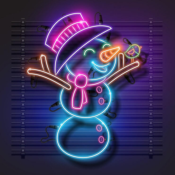Vettore disegno al neon del pupazzo di neve.