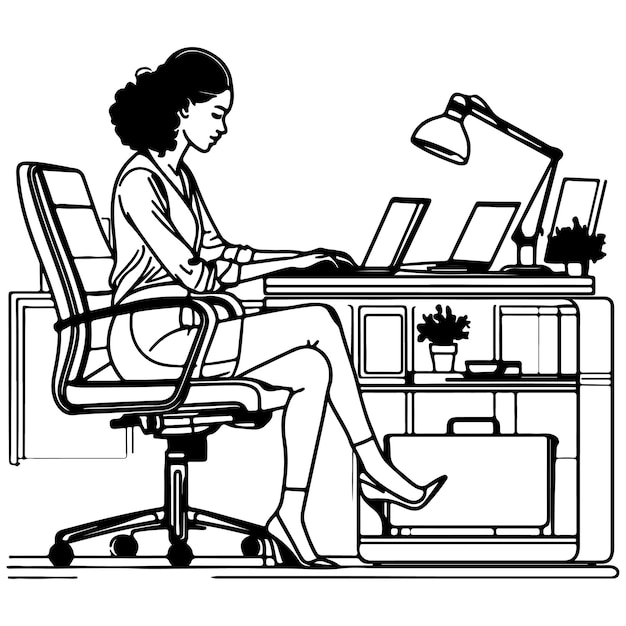 Disegno al tratto di una donna con un computer portatile in un ufficio in un'atmosfera di lavoro tranquilla