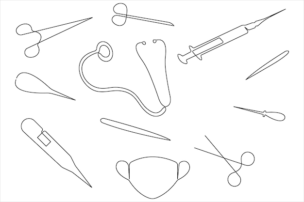 Disegno artistico continuo a linea singola di strumenti medici illustrazione vettoriale