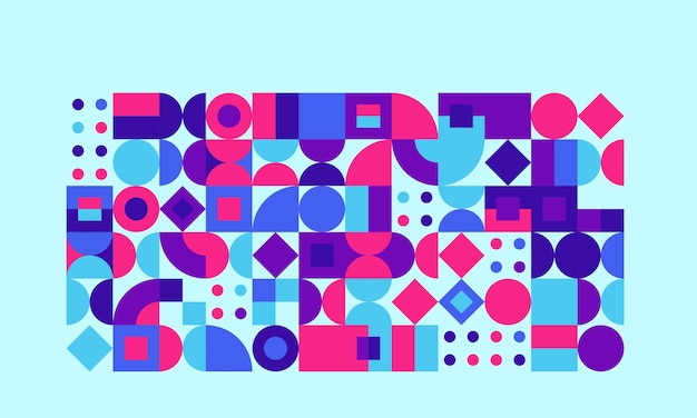 Disegno artistico del Bauhaus con forme geometriche azzurre, rosa e viola in forma astratta