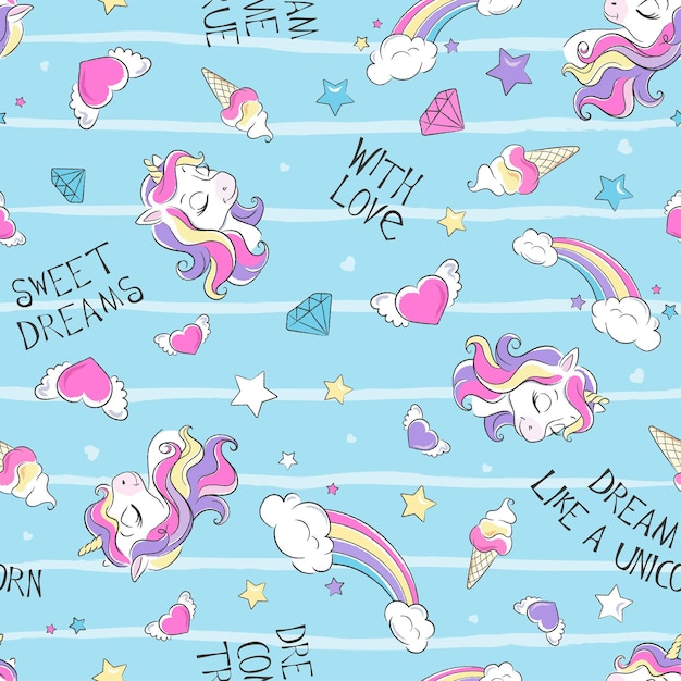 Disegno artistico per bambini vestiti o tessuti modello di unicorno senza cuciture su sfondo turchese