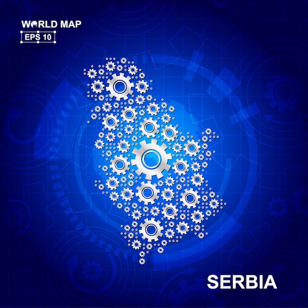 Disegno astratto della mappa della Serbia con il concetto di icona degli ingranaggi e delle ruote dentate della trasmissione