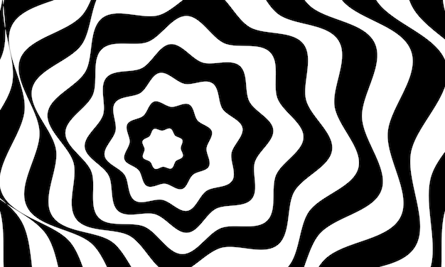 Disegno astratto di vettore del fondo di illusione ottica. Sfondo bianco e nero a strisce psichedelico. Modello ipnotico.