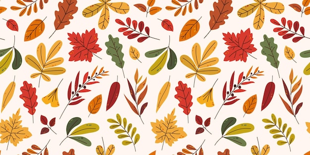 Disegno autunnale senza cuciture con varie foglie colorate in stile piatto alla moda