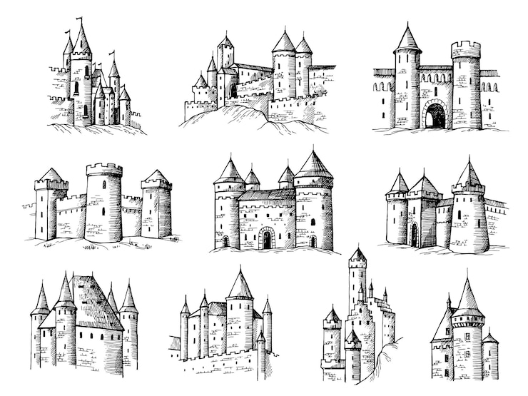 Vettore disegno castelli edifici medievali antiche torri gotiche antiche costruzioni recenti collezione di castelli vettoriali