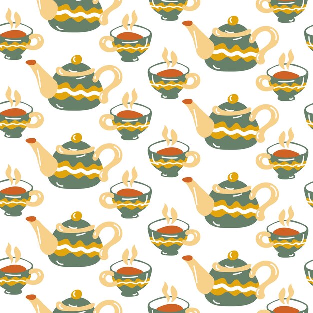 Disegno con tazze e teiere Casa accogliente autunno sfondo senza cuciture Disegno della cucina