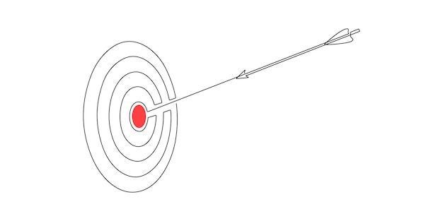 Disegno continuo di una linea del bersaglio con la freccia che vola al centro del punto rosso del bersaglio. Il successo raggiunge il concetto e l'obiettivo su bullseye in semplice stile lineare. Illustrazione vettoriale di scarabocchio.