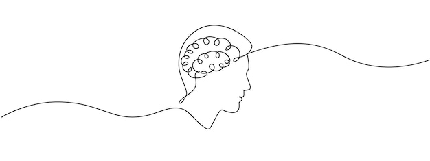 Disegno continuo in linea di una testa umana con un cervello Simbolo di pensiero mentale in uno stile lineare semplice Concetto di apprendimento della psicologia Illustrazione vettoriale modificabile