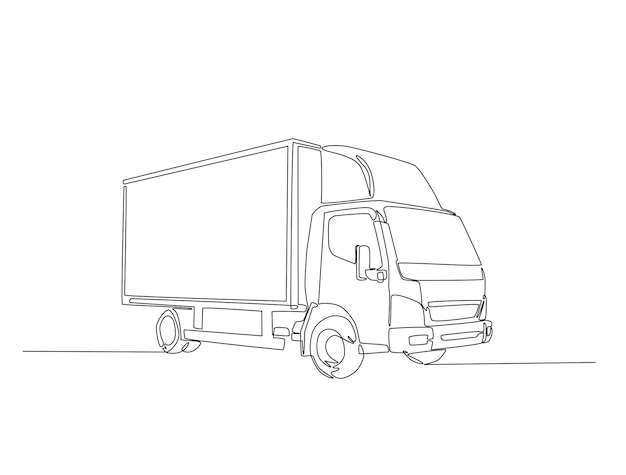 Disegno continuo in una linea dell'illustrazione di un camion merci