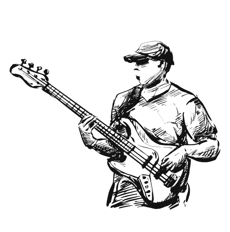 Vettore disegno del basso del chitarrista sul palco