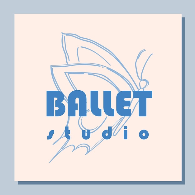 Disegno del biglietto del teatro Modello di volantino della scuola di balletto Sagoma di una farfalla blu su sfondo bianco Disegno della carta blu Illustrazione vettoriale