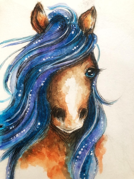 Disegno del carattere del cavallo blu fatto a mano di pittura ad acquerello