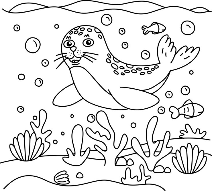 Disegno del contorno di una foca al centro di una barriera corallina