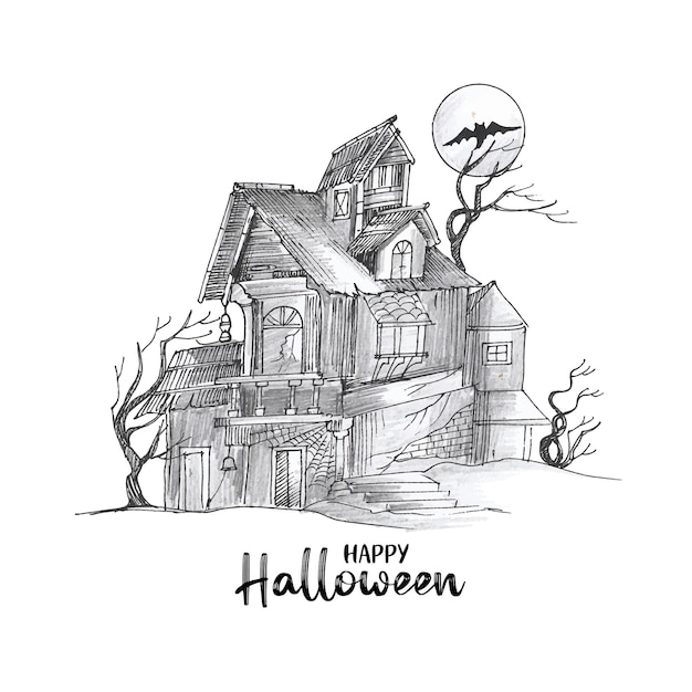 Disegno del fondo della casa stregata del festival di Halloween felice disegnato a mano