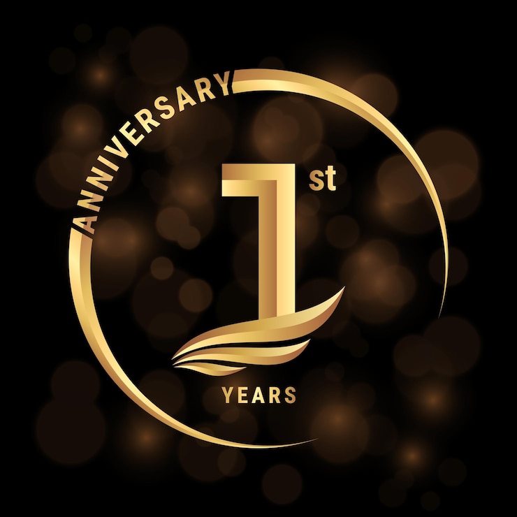 Vettore disegno del logo del 1° anniversario con ali dorate e illustrazione del modello vettoriale del logo dell'anello