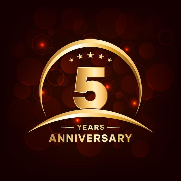 Disegno del logo del 5° anniversario con numero d'oro e carattere Modello vettoriale del logo