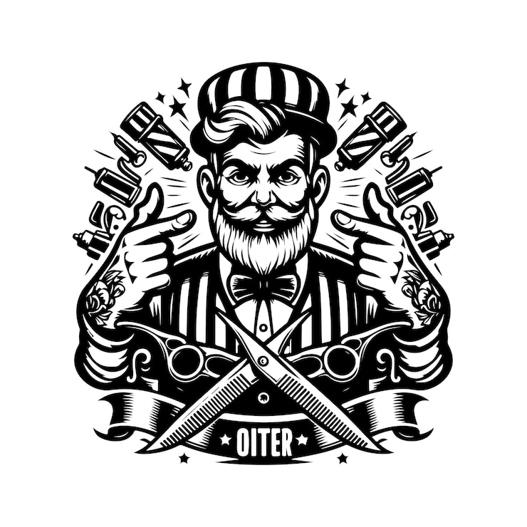 Vettore disegno del logo del barbiere in bianco e nero