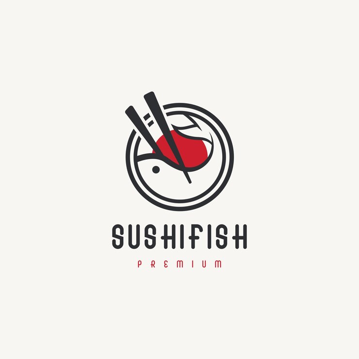 Disegno del logo del pesce sushi con ciotola e bacchette