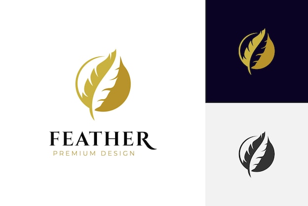 disegno del logo della firma della penna d'oro penna di piuma silhouette del logo con illustrazione di disegno vettoriale a forma di cerchio