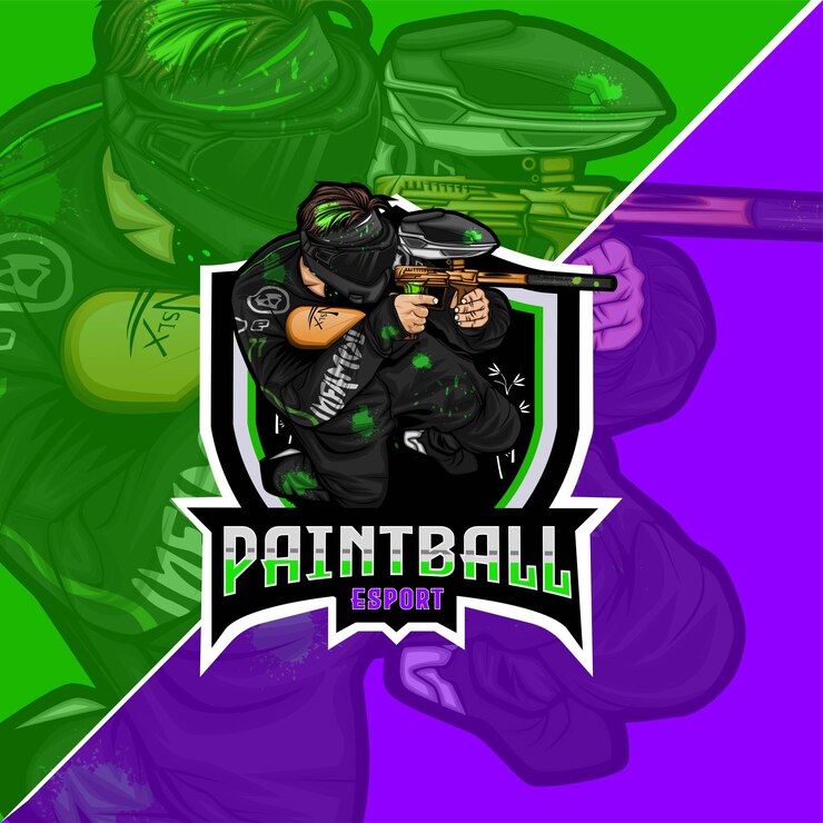 Vettore disegno del logo della mascotte di gioco di paintball esport