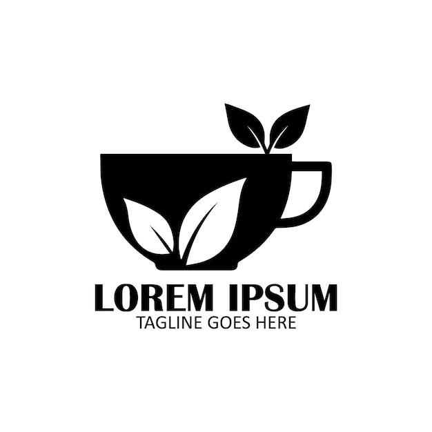Disegno del logo della tazza da tè a silhouette e della foglia
