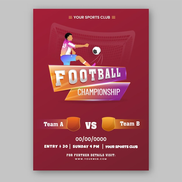 Disegno del modello del campionato di calcio con il calciatore che calcia la palla in colore rosso