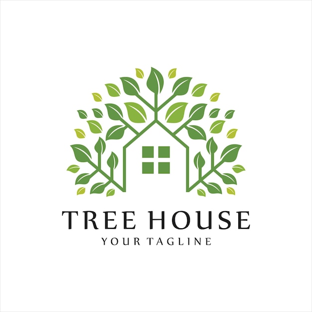 Disegno del modello del logo della casa sull'albero disegno dell'illustrazione del simbolo del vettore del logo dell'albero della natura della casa verde