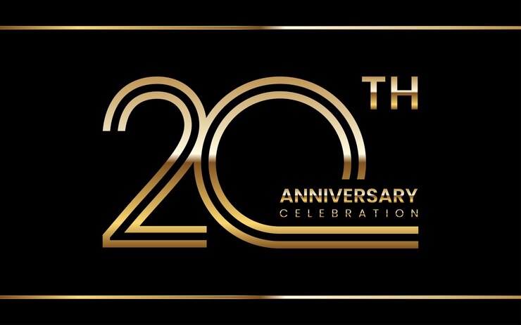 Vettore disegno del modello di anniversario del 20° anniversario con illustrazione del modello vettoriale del numero d'oro