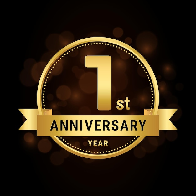 Disegno del modello di celebrazione dell'anniversario del 1° anniversario con illustrazione vettoriale del logo del nastro d'oro