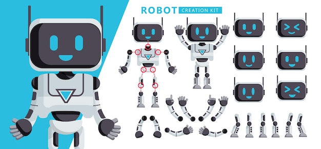 Disegno del set vettoriale del kit per la creazione di robot. Kit creatore di personaggi robot con testa, braccia, gambe.