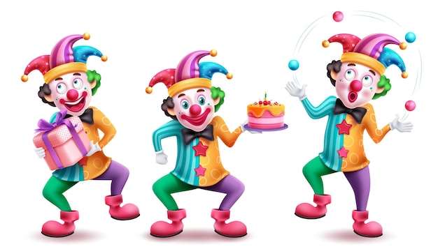 Disegno del set vettoriale di caratteri clown Costume mascotte clown di compleanno e buffone con viso divertente