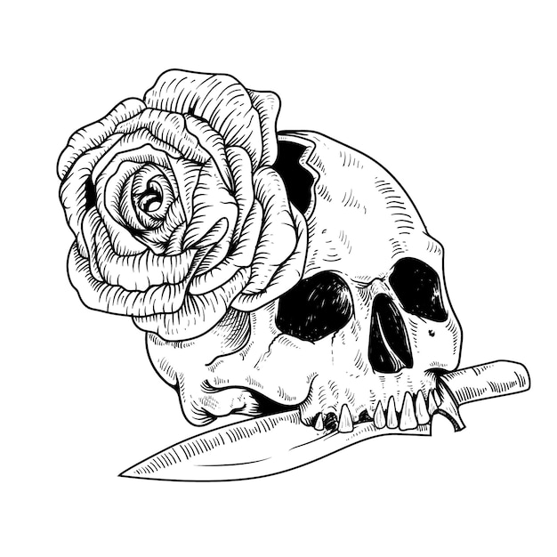 disegno del tatuaggio coltello e teschio con testa di rosa line art in bianco e nero