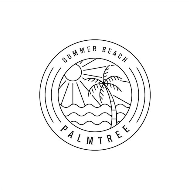 Disegno dell'icona del modello di illustrazione vettoriale semplice minimalista del logo della linea dell'isola tropicale. concetto lineare di palma e spiaggia estiva con tipografia di badge circolare