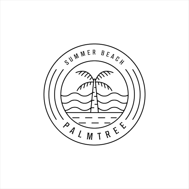 Disegno dell'icona del modello di illustrazione vettoriale semplice minimalista del logo della linea dell'isola tropicale. concetto lineare di palma e spiaggia estiva con tipografia di badge circolare