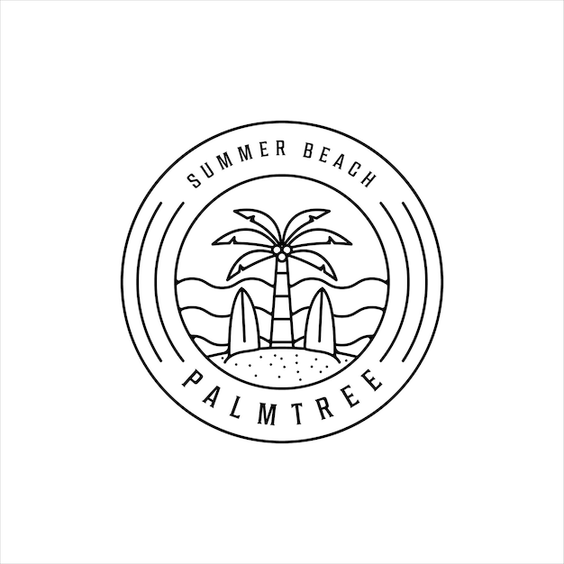 Disegno dell'icona del modello di illustrazione vettoriale semplice minimalista del logo della linea dell'isola tropicale. tavola da surf di palma e concetto lineare di spiaggia estiva con tipografia di badge circolare