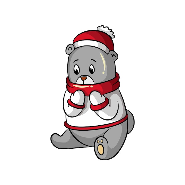 disegno dell'illustrazione del fumetto del panda sveglio felice che celebra il Natale che porta il cappello di Santa