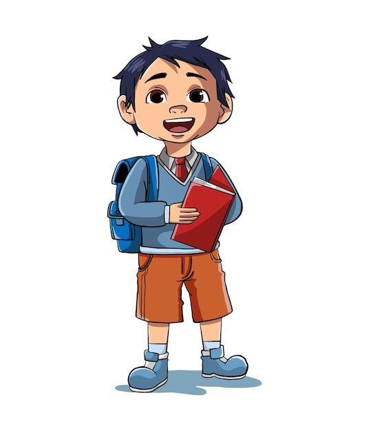 disegno dell'illustrazione del fumetto di un ragazzo che porta un libro e una borsa di scuola pronta per tornare a scuola