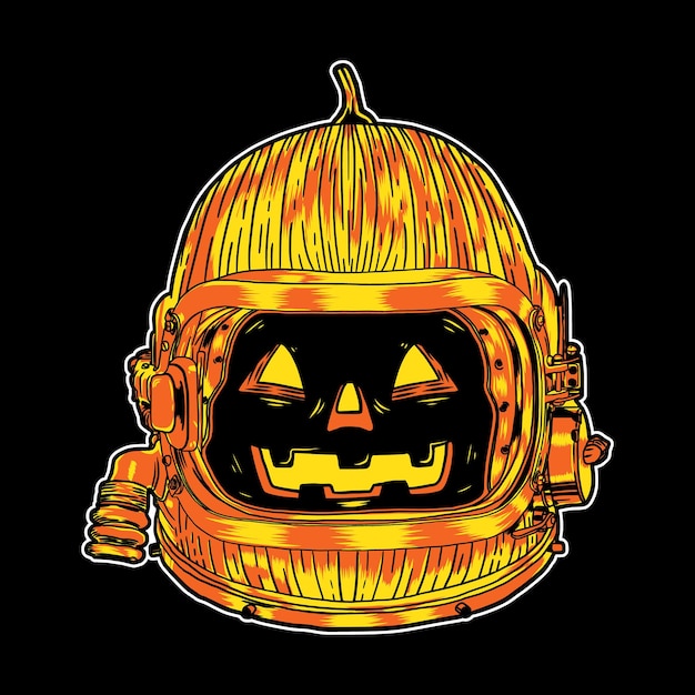 Disegno dell'illustrazione del personaggio della zucca di Halloween con il casco dell'astronauta in sfondo nero