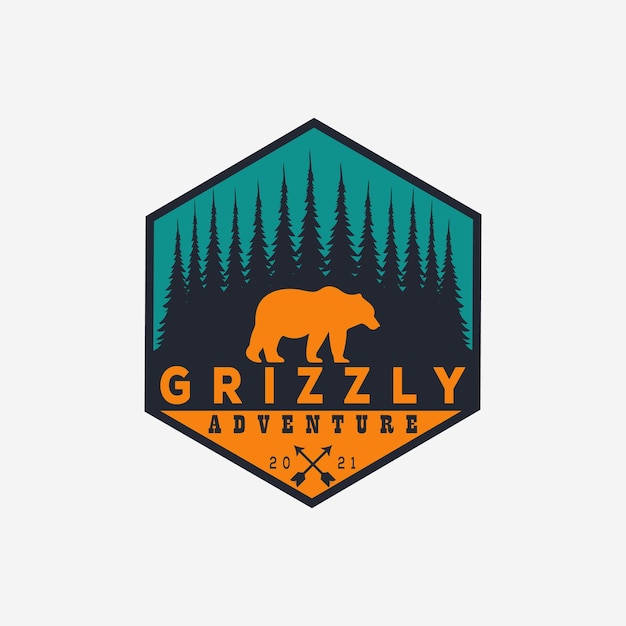 Disegno dell'illustrazione vettoriale del logo dell'orso grizzly dell'annata. simbolo del logo distintivo dell'avventura