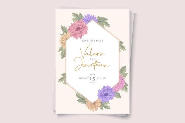 Disegno dell'invito di nozze con ornamento di fiori di crisantemo colorato