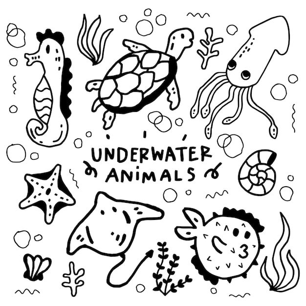 disegno della linea di animali sottomarini disegnati a mano