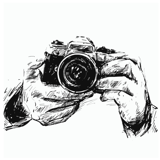 Disegno della mano che tiene una macchina fotografica vintage