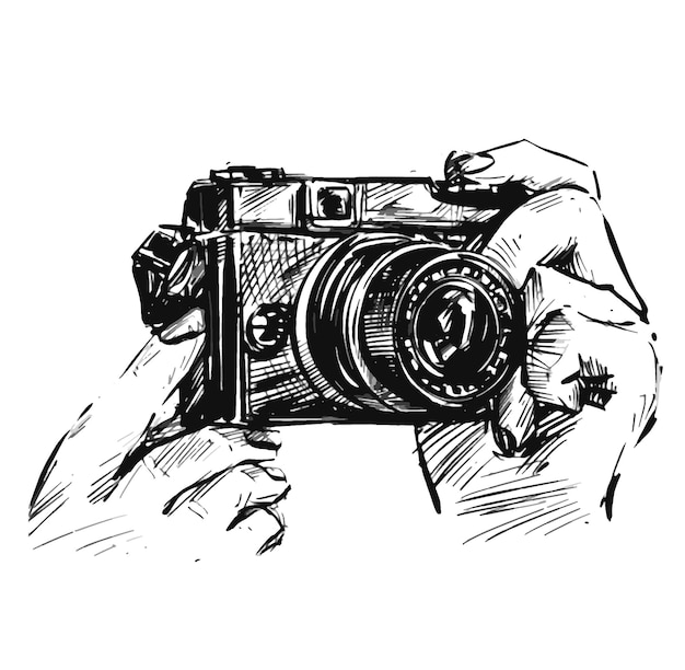 Disegno della mano con macchina fotografica d'epoca