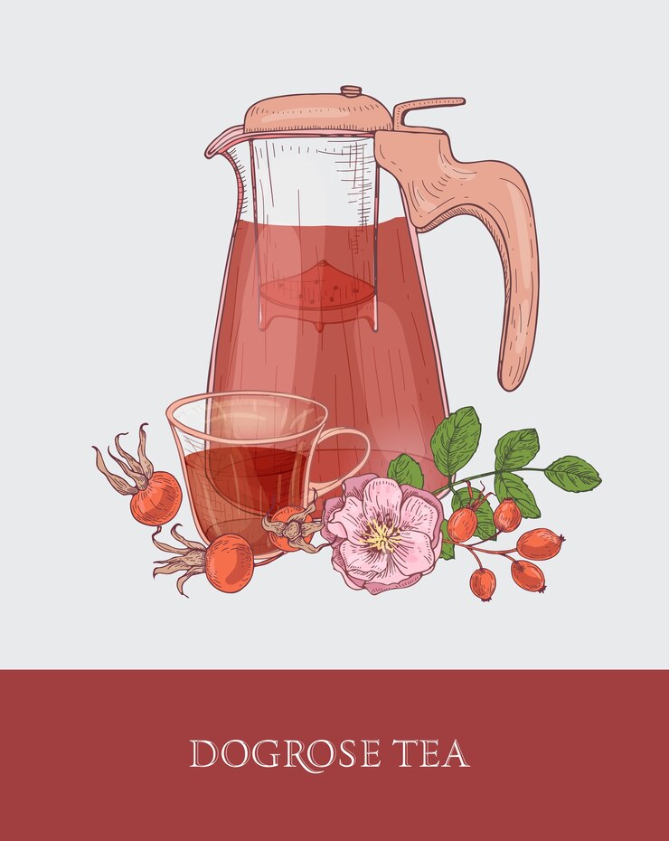 Vettore disegno dettagliato della brocca di vetro con colino, tazza di tè e fiori di rosa canina, foglie e fianchi rossi
