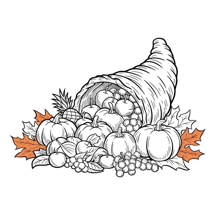Vettore disegno dettagliato della linea della cornucopia con foglie di frutta di zucca su sfondo bianco