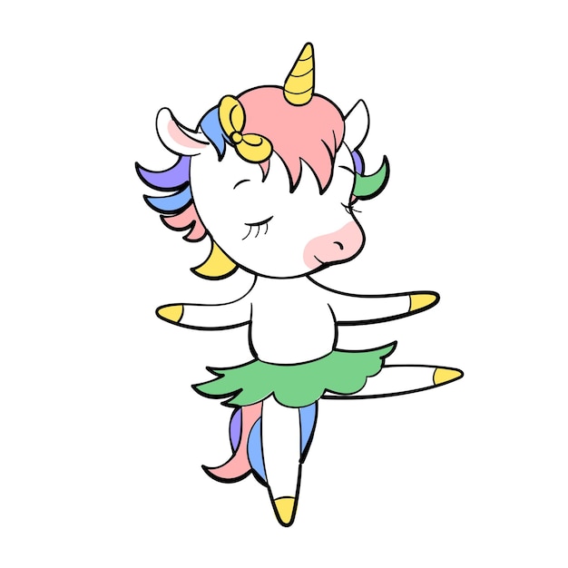 Disegno di adesivo vettoriale carino unicorno. Personaggio dei cartoni animati di pony. Disegno emoji unicorno kawaii.