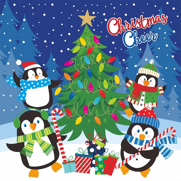 Disegno di biglietto di Natale con albero di pinguini e luci